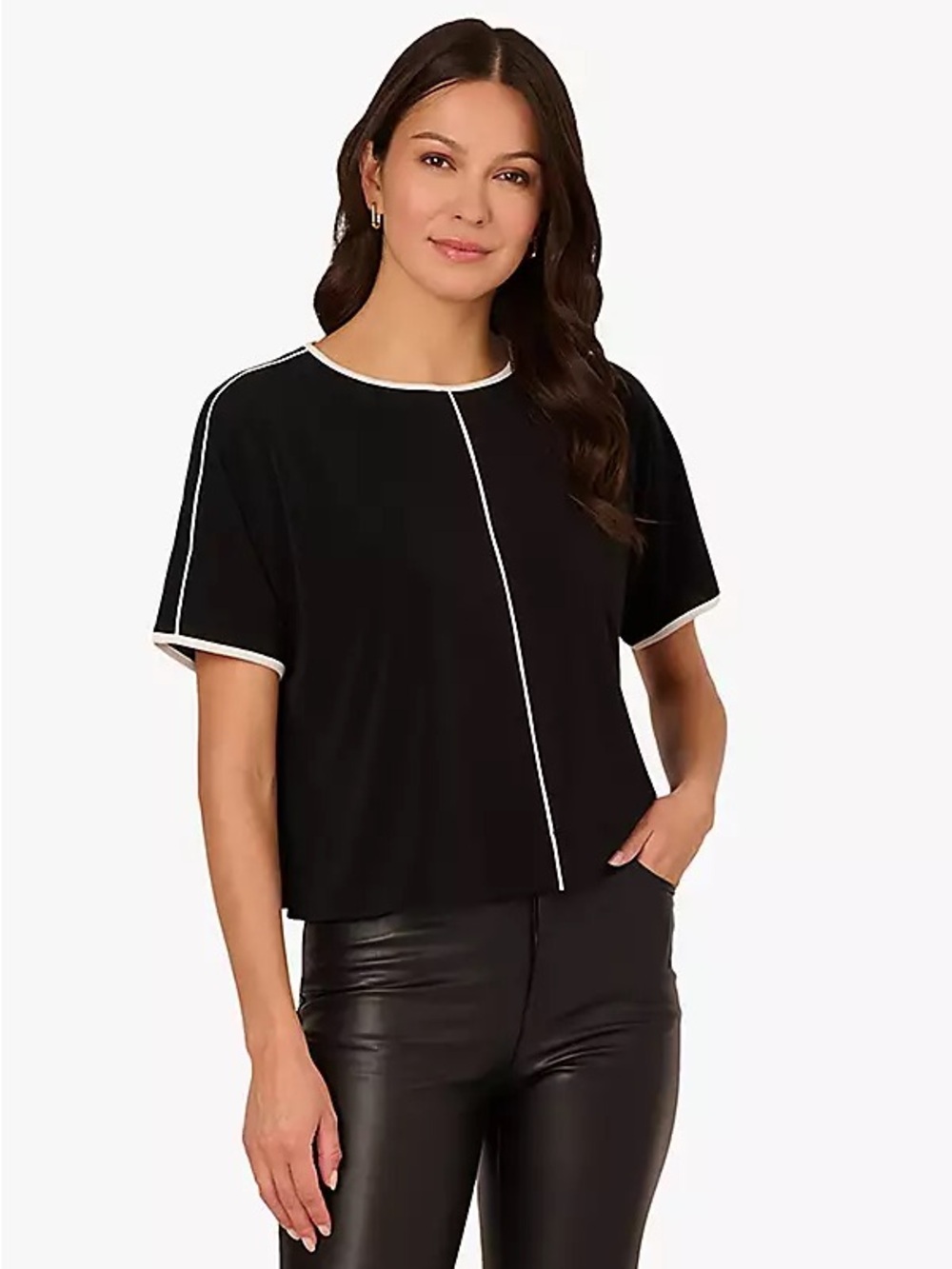 Adrianna Papell Black Short Sleeve Tee White Trim Crew Neck Relaxed Fit Medium